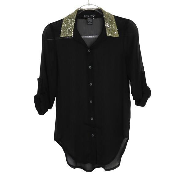 Urban Outfiters Living Doll Black Sheer Blouse Sequin Collar XS - Picture 2 of 5
